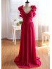 Red Chiffon Flower Decorated Straps Long Prom Dress